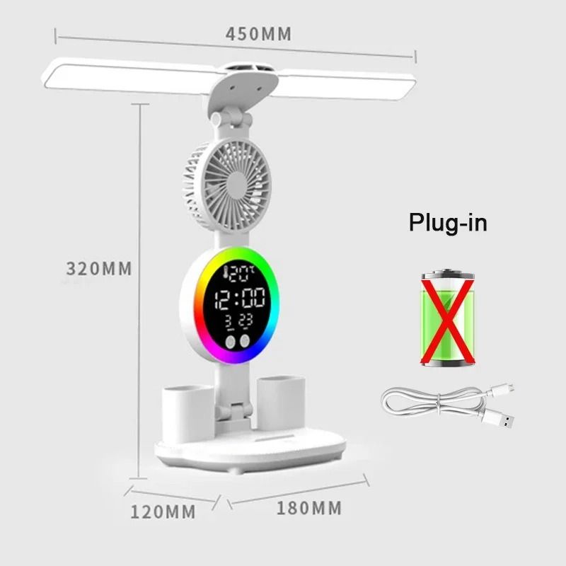 Rechargeable LED Table Lamp with Fan Clock Display Reading Desk Light Night Light