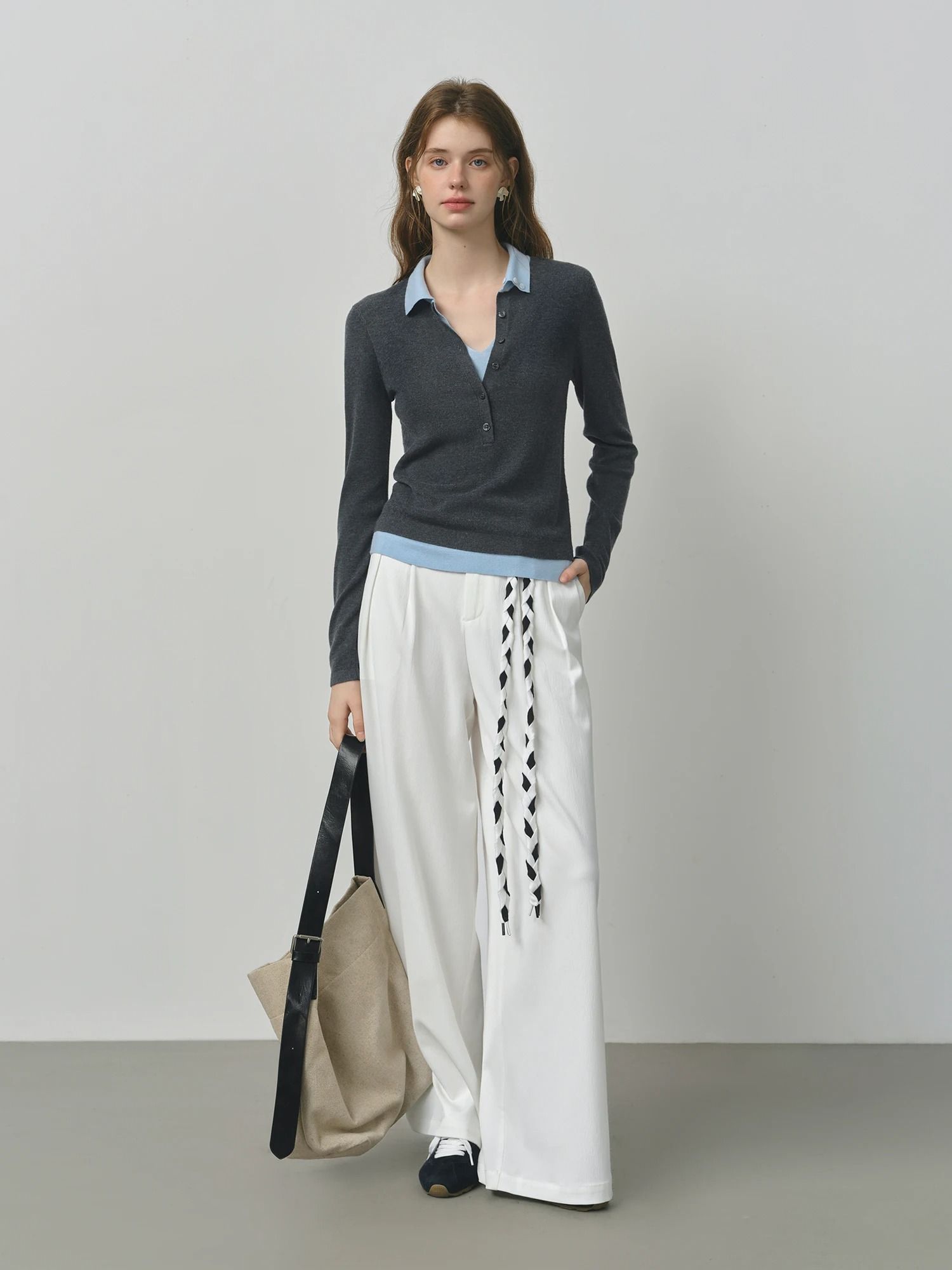 FSLE 2025 Autumn Color Block Knitted Sweater – Vintage Fake Two-Piece Turn Collar Cable Knit Top