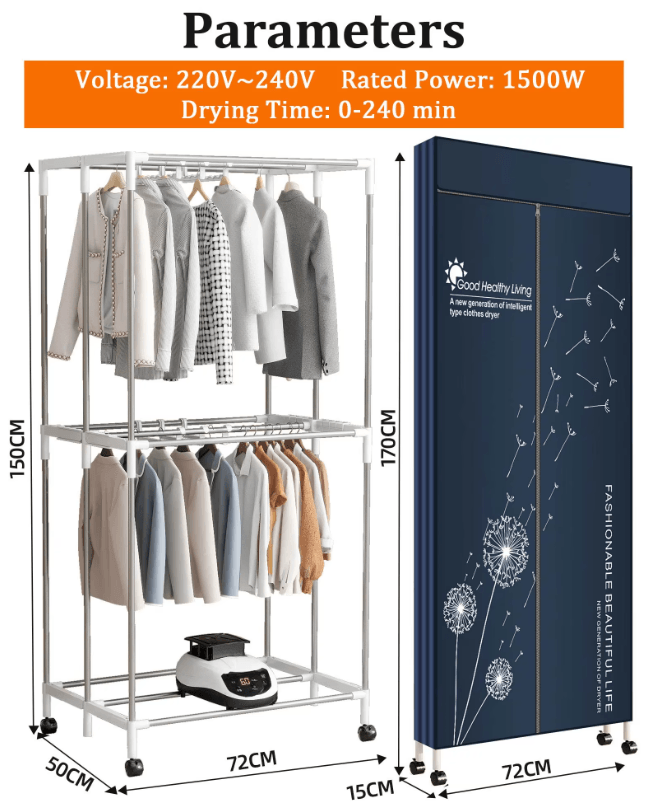 Portable Electric Clothes Dryer 220V 1500W Heated Clothes Airer with Timer