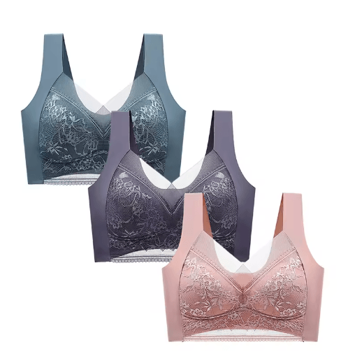 FallSweet 3-Piece Wireless Lace Push Up Deep V Bralette Set (L–5XL)