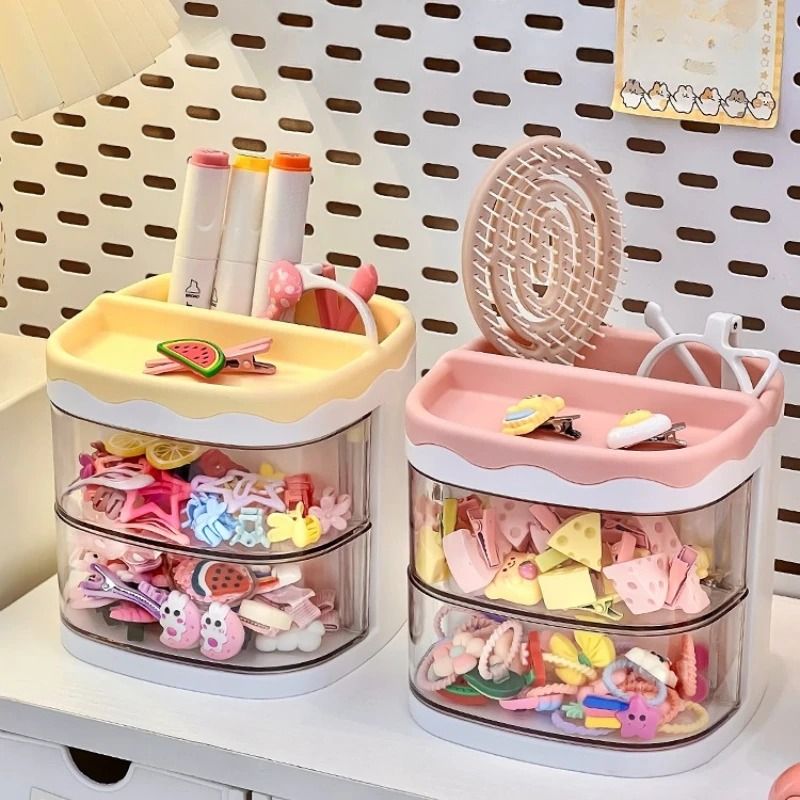 Cute Two Layer Hair Accessories Storage Box for Kids Desk and Jewelry Organization