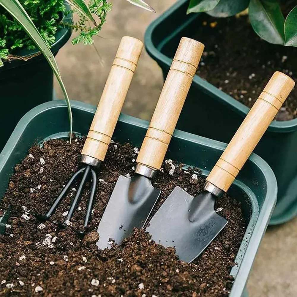 3-Piece Mini Garden Tool Set, Heavy Duty Small Shovel, Trowel & Rake for Flower Pots, Cactus, Vegetables & Indoor Plants