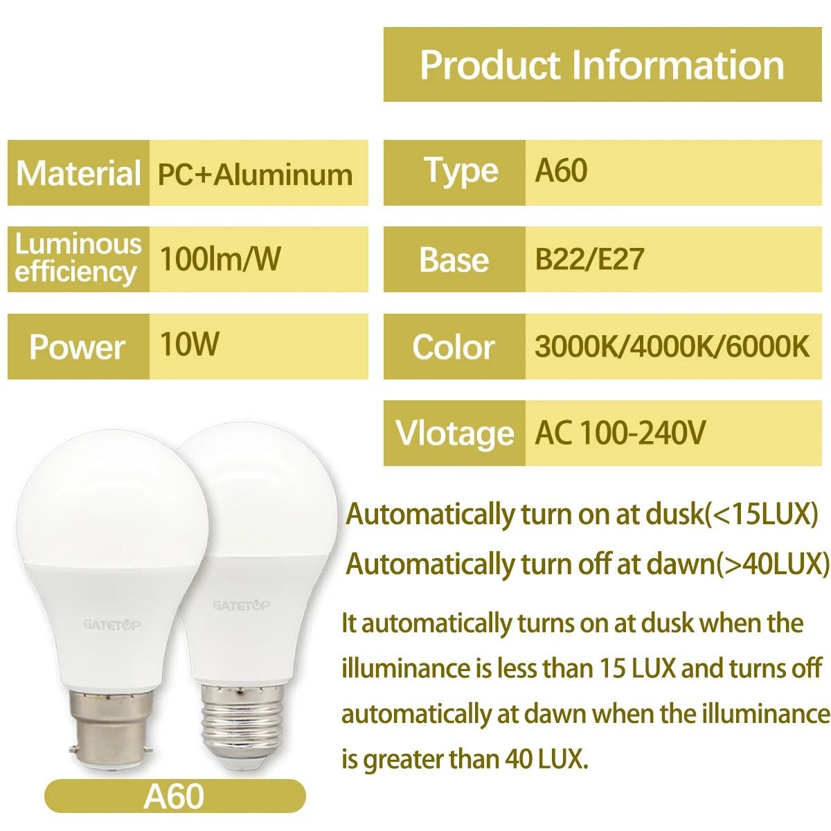 Dusk to Dawn Light Sensor Bulb 10W 110V–220V Automatic LED for Garage and Outdoor Use