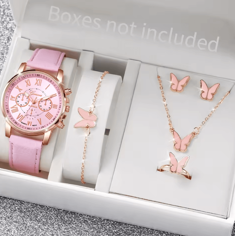 Fashion Womens Quartz Watch Set with Leather Bands and Heart Rhinestone Accent (5/6 PCS)