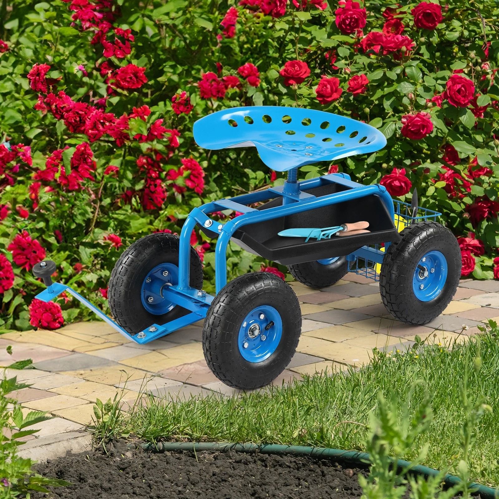 Green Rolling Garden Cart with Seat and Wheels, Extendable Handle for Comfortable Gardening