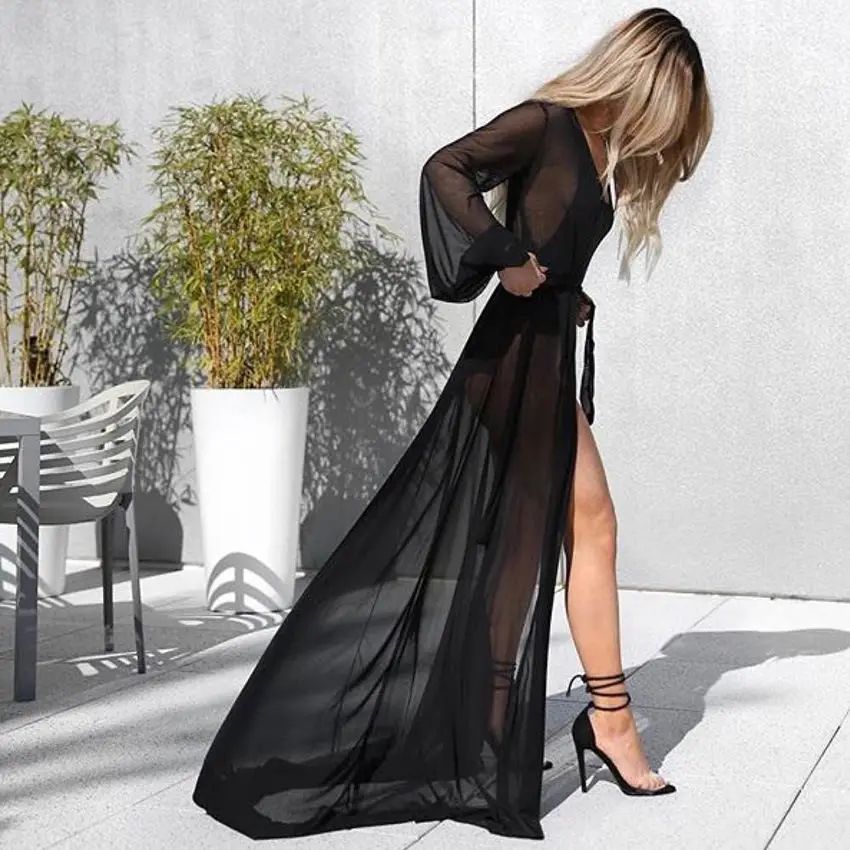 Sheer Chiffon Beach Cover Up Robe with Belt - Long Kimono Cardigan for Swim & Resort