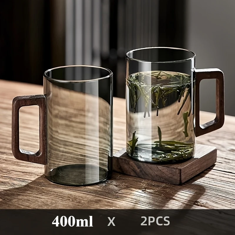 Glass Cups, Walnut Handle, Heat-resistant Mug, Large Capacity, Tea Making Cup, Office Drinking Glasses