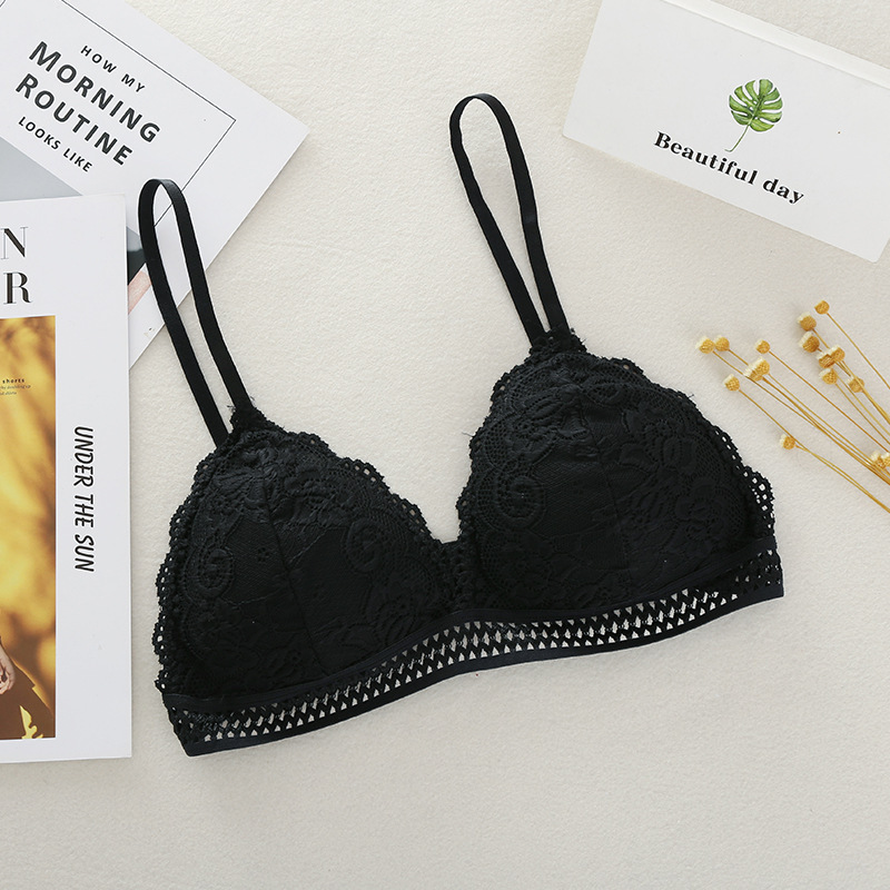 French Lace Women Bralette Soft Deep V Brassiere, No Steel Ring Beauty Back Bra, Girls Triangle Cup Padded Underwear