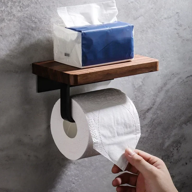 Wall Mount Wooden Toilet Paper Holder, Bathroom Storage Shelf with Phone Holder, Towel Roll Shelf for WC Accessories