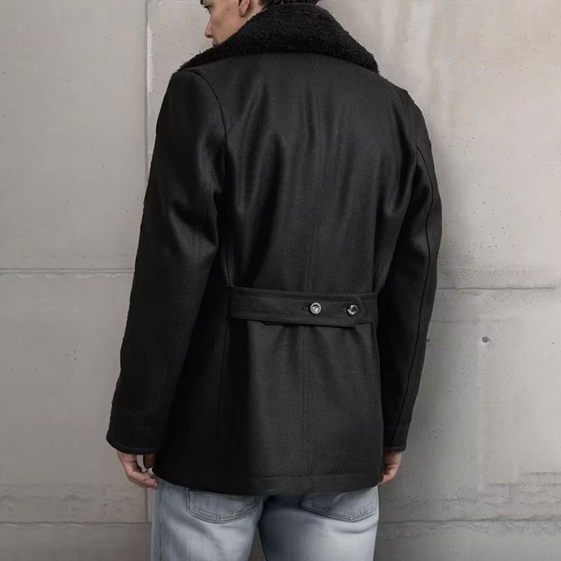 Contrast Detail Men's Wool Pea Coat – Classic Double Breasted Pea Coat Winter Overcoat
