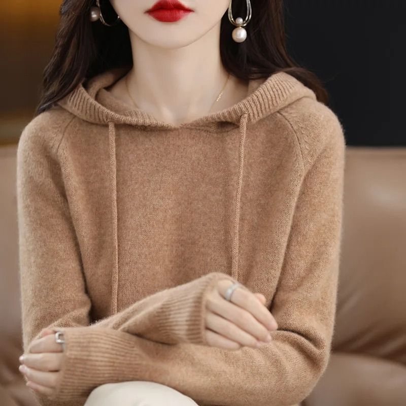 Casual Womens Knitted Hoodie Sweater Loose Drawstring Pullover Hoodie