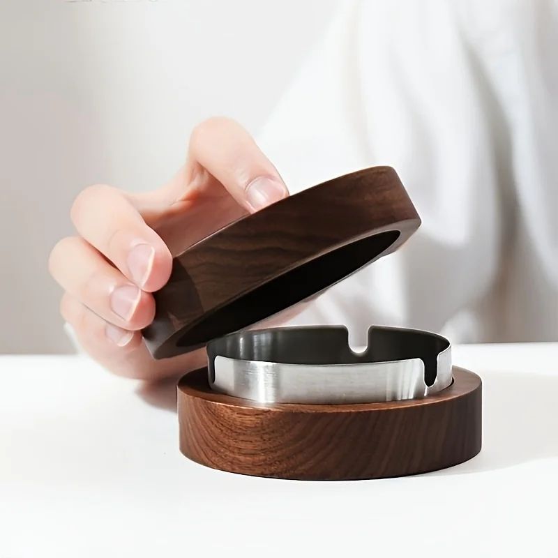 Round Wooden Ashtray with Lid