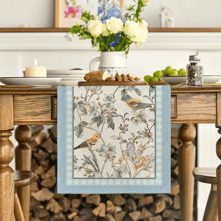 Blue Birds Floral Linen Table Runner – Elegant Spring Blossom Farmhouse Table Decor