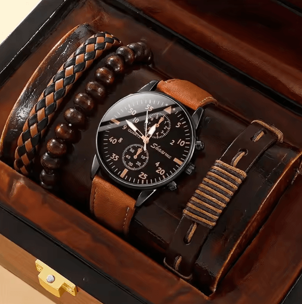 5PCS Mens Quartz Watch and Bracelet Set Leather Strap Business Casual Fashion Wristwatch Gift Set