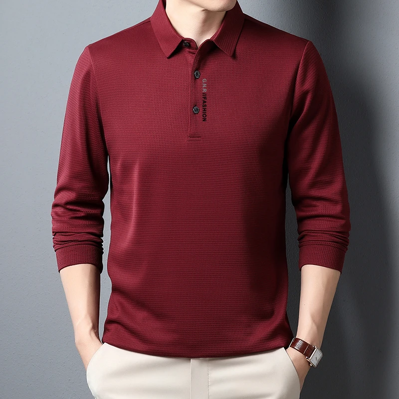 Casual Mens Waffle Long Sleeved POLO Shirt, Letter Printed Lapel Top