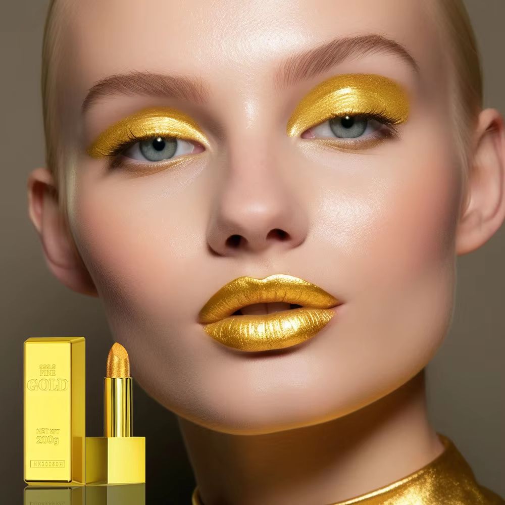 GoldenGlam Metallic Gold Lipstick – Waterproof Shimmer Gold Lipstick with Long Lasting Glitter Finish (3.5g)