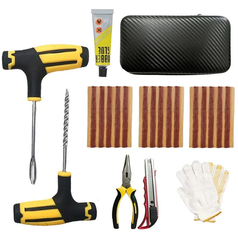 Car Tire Repair Kit Universal Emergency Puncture Plug Tools with Tyre Strips & Glue