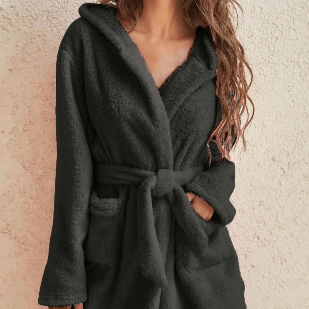 Womens Hooded Fleece Robe with Belt Cozy Autumn Winter Loungewear