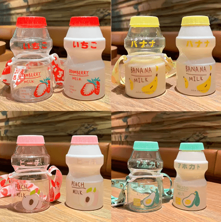 480ml Kawaii Milk Carton Water Bottle Cute Plastic Drinking Bottle with Cup and Strap