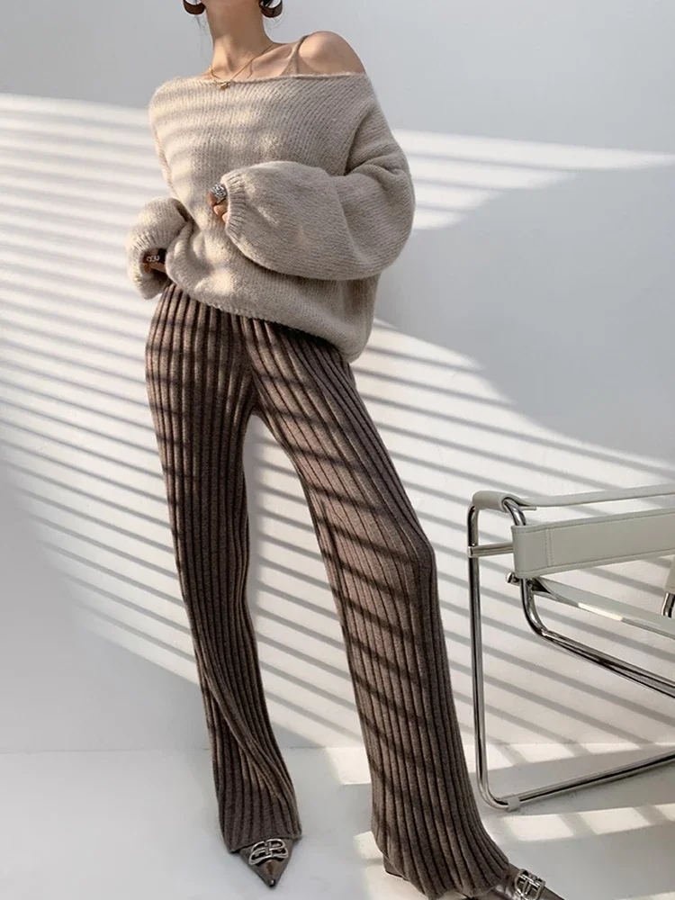 Women Autumn Winter Thick Knitted Pant, Wide Leg Fashion Straight Trousers, Casual Elastic Knit Pants Striped Pantalon