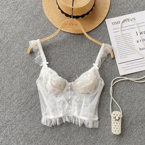 Sexy French Chic Sleeveless Skinny Backless Corset Camis Lace Sheer Spaghetti Strap Hotsweet Tank Top for Women
