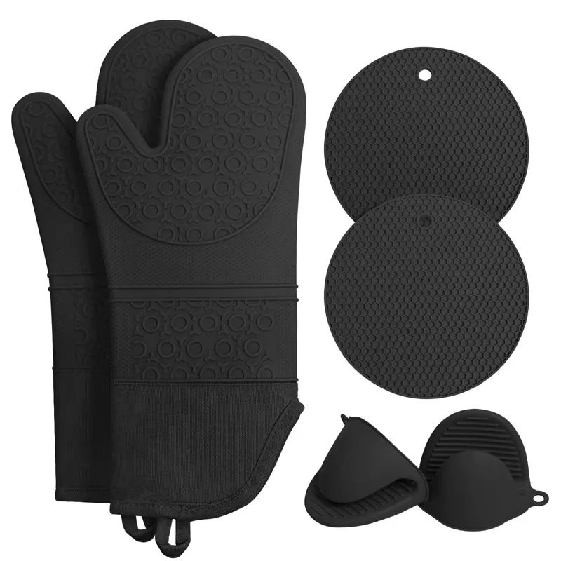 LMETJMA 6Pcs Extra Long Silicone Oven Mitts and Pot Holders Set Heat Resistant Cooking Gloves