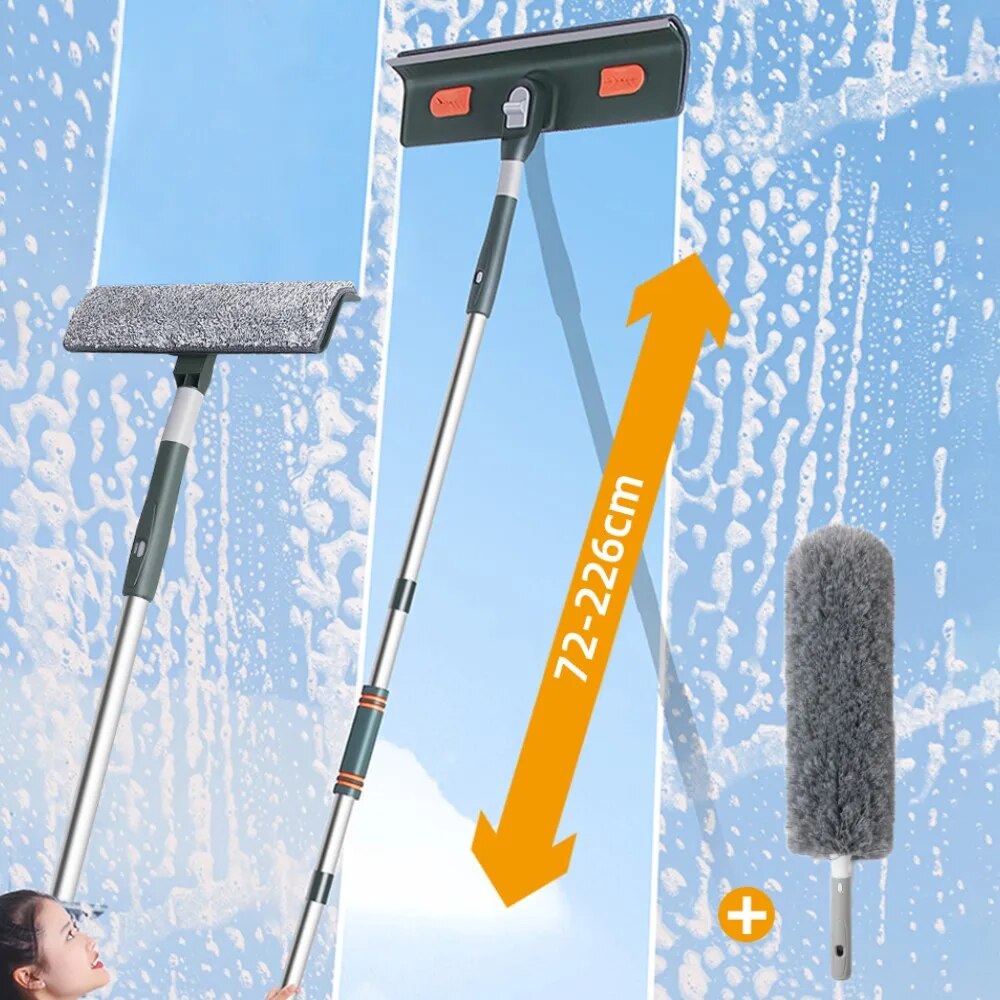 Extendable Window Cleaning Tool with Silicone Scraper - Glass Cleaner Mop for Household Cleaning