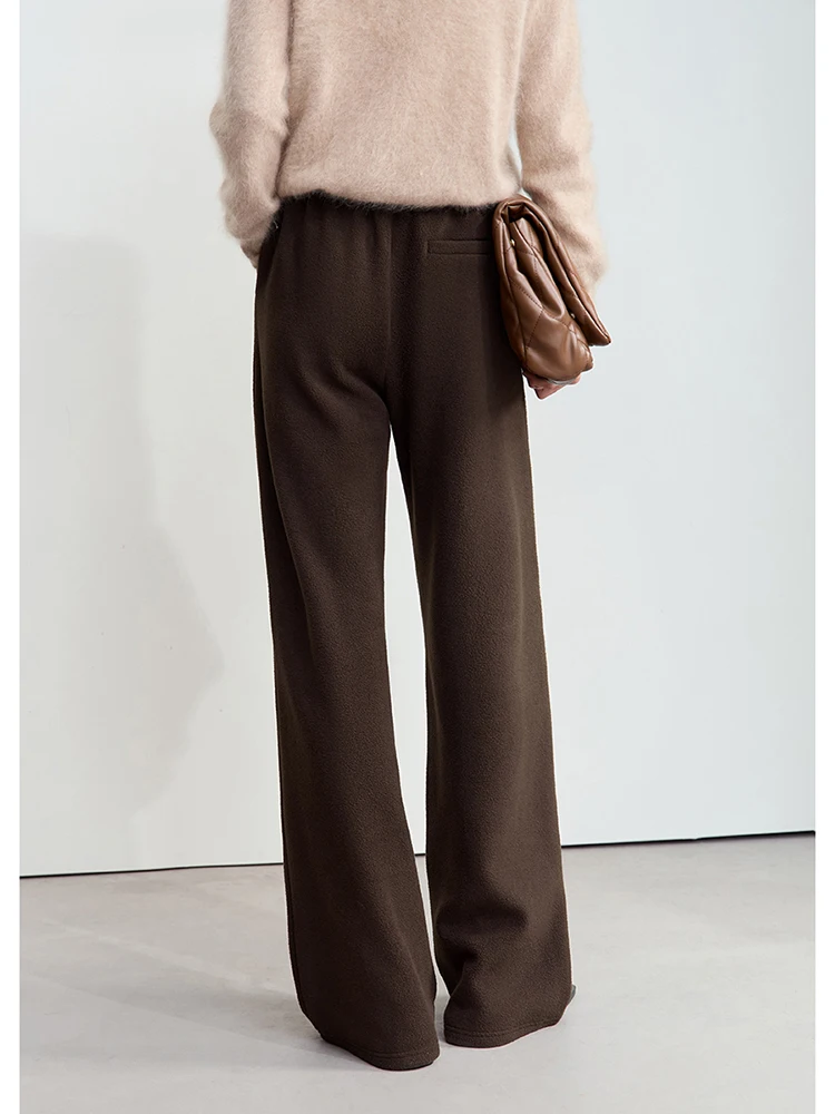 Winter Women Suede Wide Leg Trousers, Minimalist False Placket Rear Rubber Band Waist Casual Pants, Stylish Office