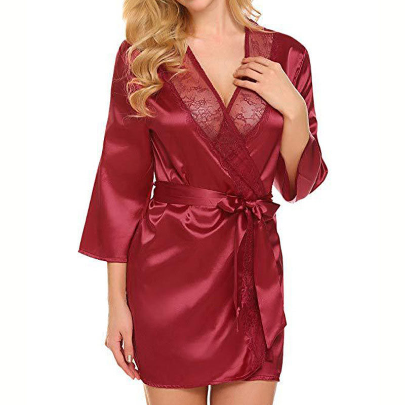 Soft Comfortable Lace Satin Robe, Kimono Nightgown Bathrobe, Plus Size Lingerie Nighty Dress Black