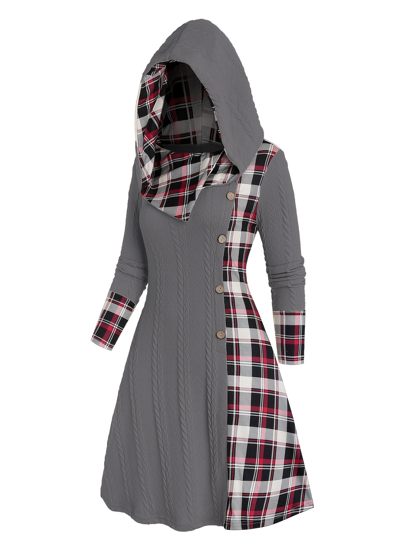 Plaid Print Knitted Hooded Dress, Fake Buckle High Waist, Long Sleeve A-line Dress