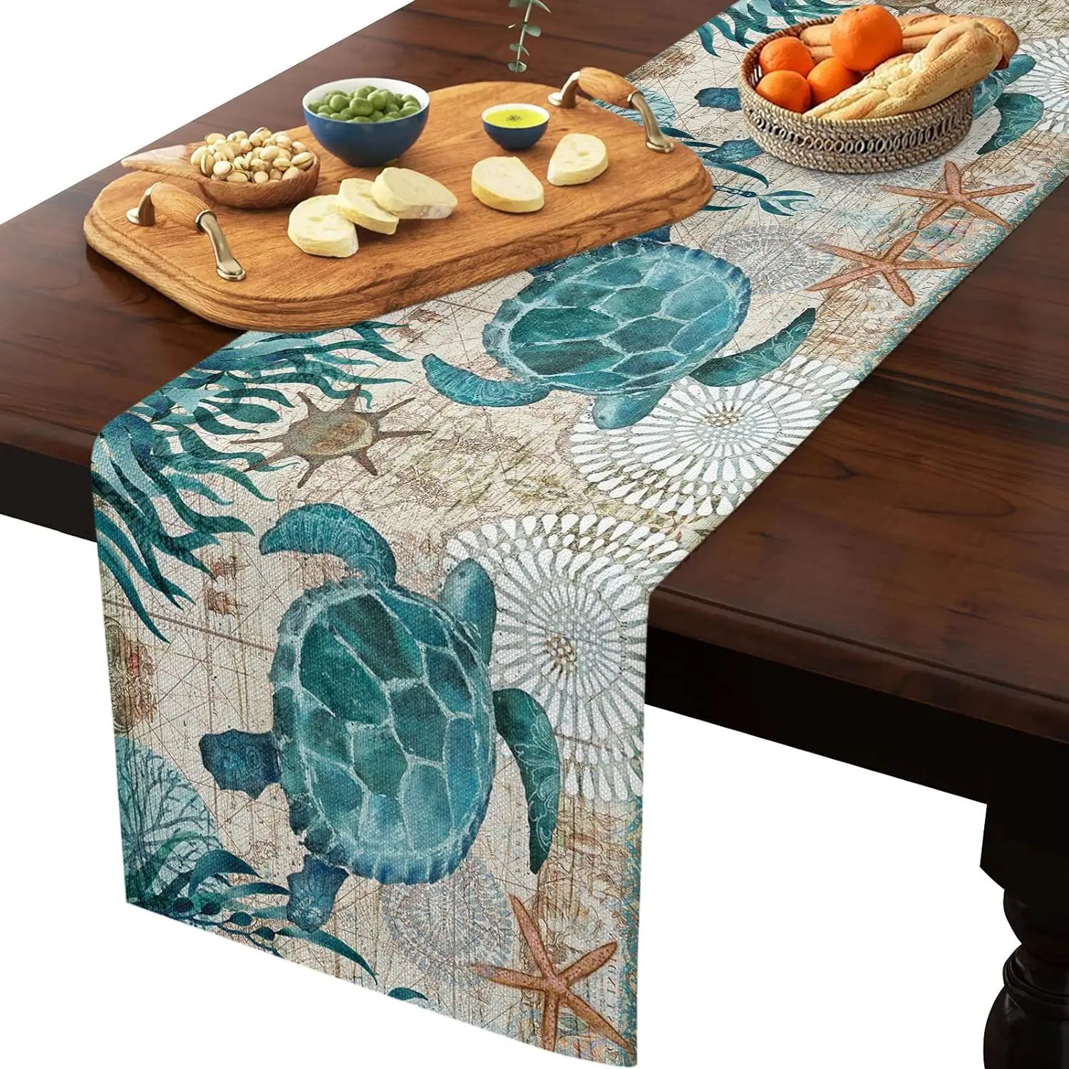 Coastal Sea Turtle Linen Table Runner for Beach-Inspired Dining Decor