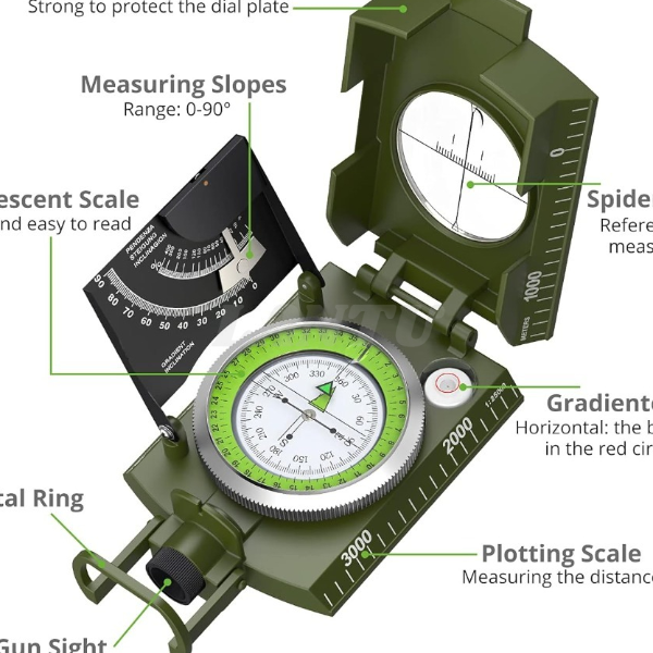 Durable Military Compass  Waterproof Clinometer with Fluorescent Scale for Outdoor Navigation, Camping, and Hiking