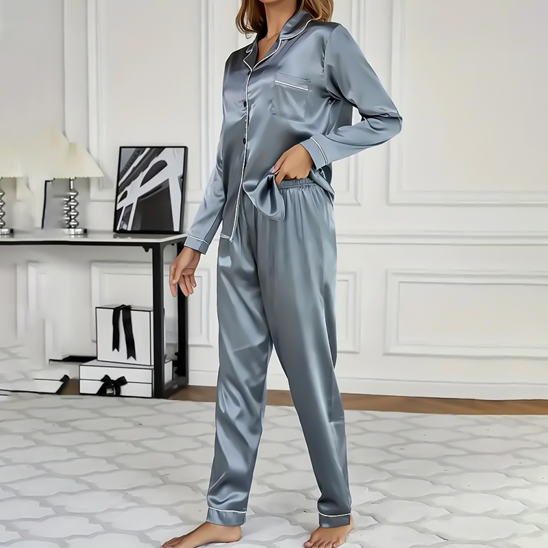Satin Women's Sleepwear Pajama Set, Long Sleeve Button Top, Elastic Pants Loungewear