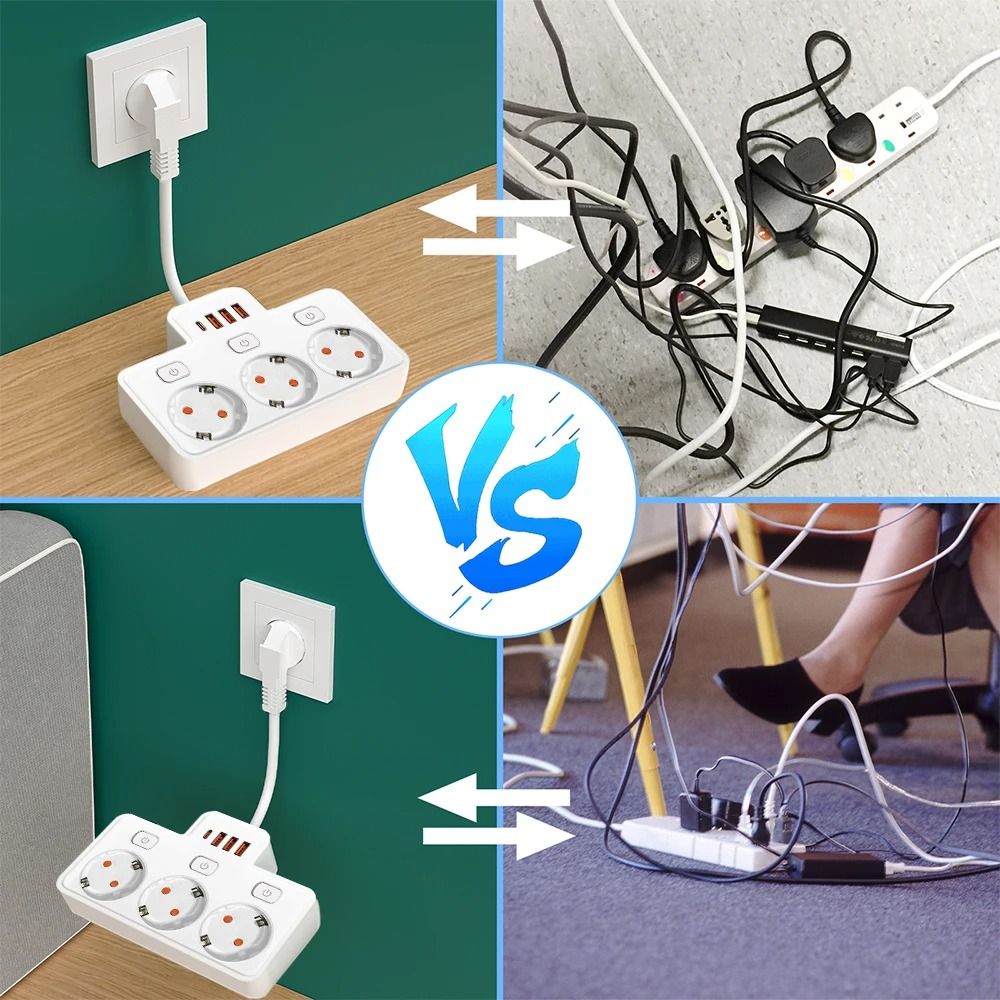 Wall Mounted EU Power Strip with Independent Switch & USB Charging