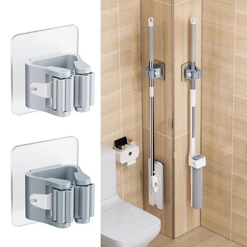 Wall-Mounted Traceless Suction Mop and Broom Storage Rack with Waterproof Clips