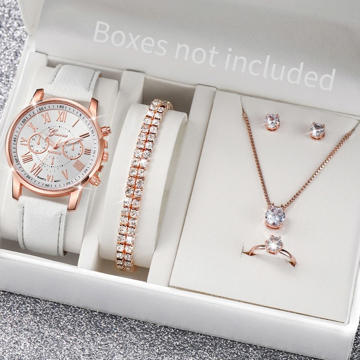 Women Luxury Watch and Jewelry Set Roma Dial Leather Band Quartz