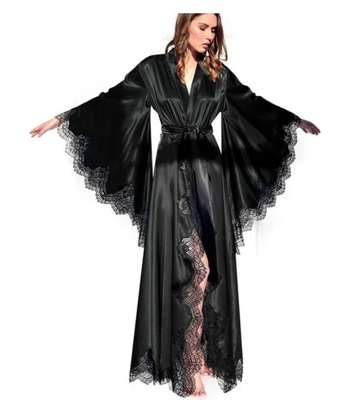 Full-Length Silk Satin Lace Robe – Glamorous Photography & Bridal Gown