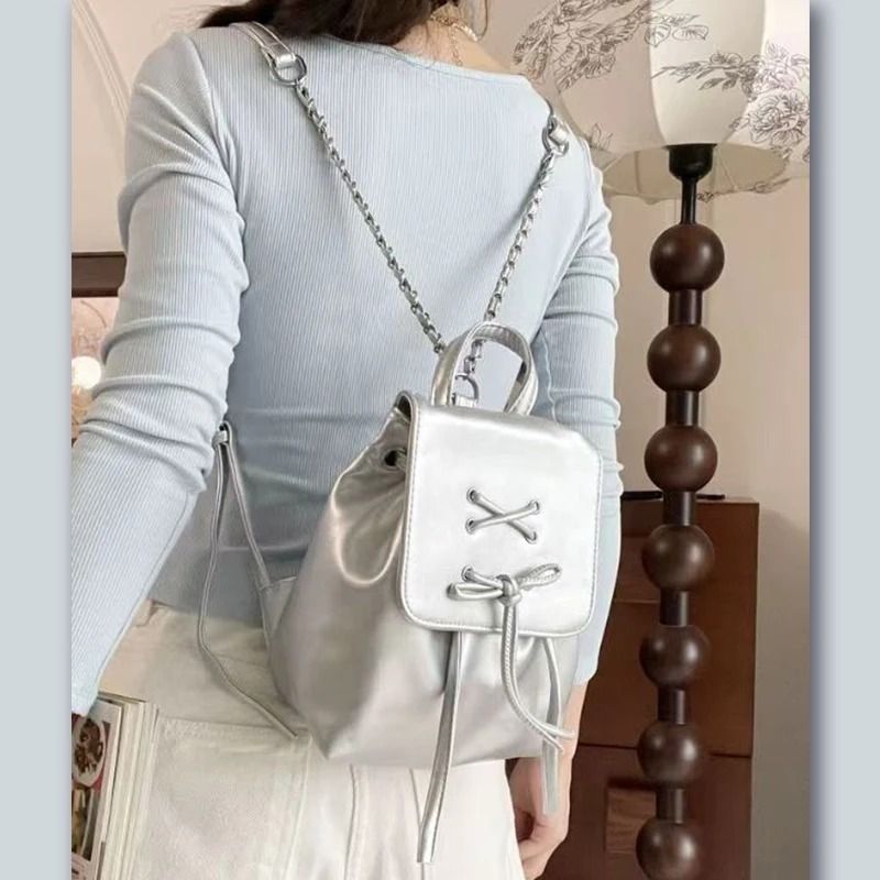 Simple Trendy PU Leather Backpack with Bowknot Detail