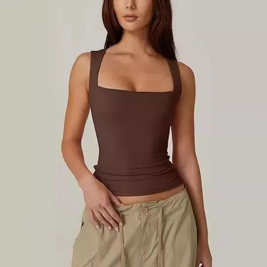 Y2K Square Neck Double-Layer Tank Top – Women's Slim Fit Sleeveless Basic Crop Camisole