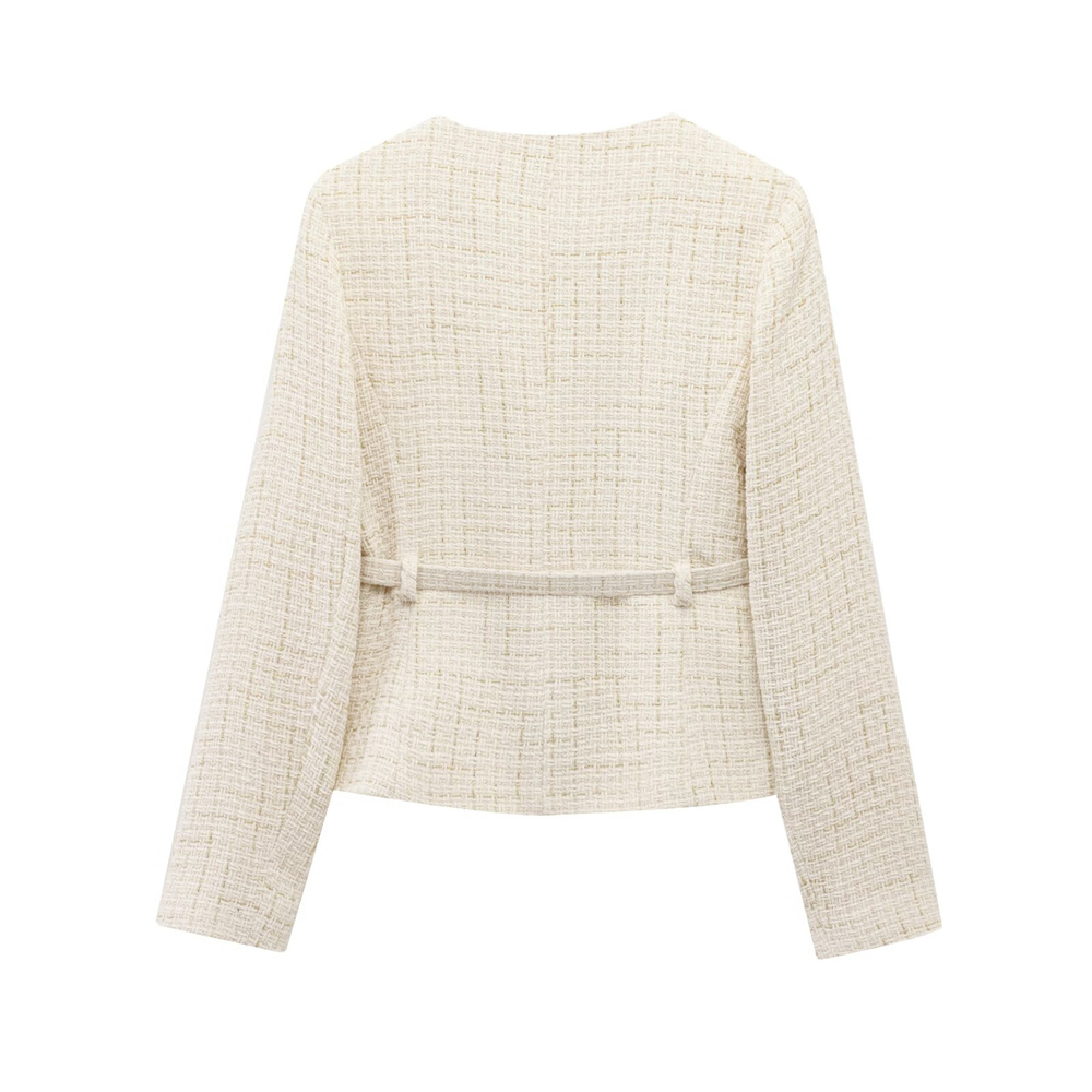 Women Beige Tweed Jacket with Gold Buttons Belt Long Sleeves Front Pockets Stylish Fall Winter Layered Outerwear