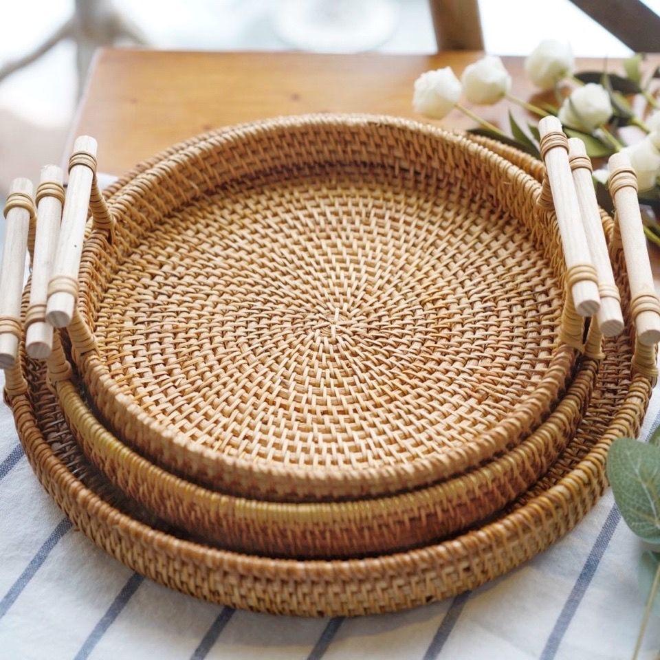 Handwoven Rattan Tray & Food Storage Basket – Eco-Friendly Kitchen Organizer with Lid, Farmhouse Home Decor