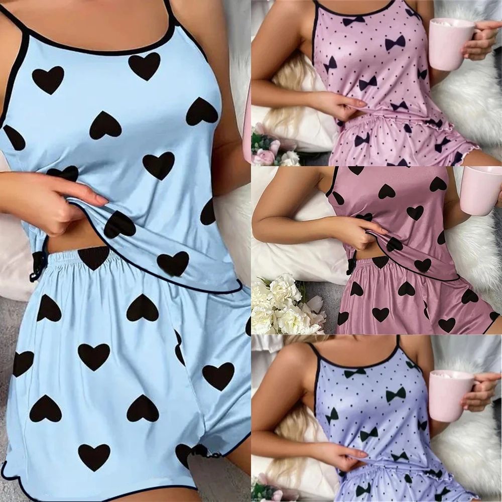 SweetDream Ice Silk Womens Pajama Set – Cute Heart Print Pajama Set with Cooling Summer Loungewear Shorts