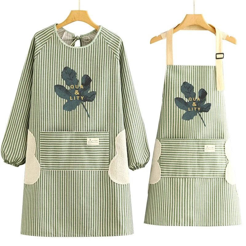 Breathable Cotton Linen Long Sleeve Kitchen Apron for Women Anti Stain Cooking Smock