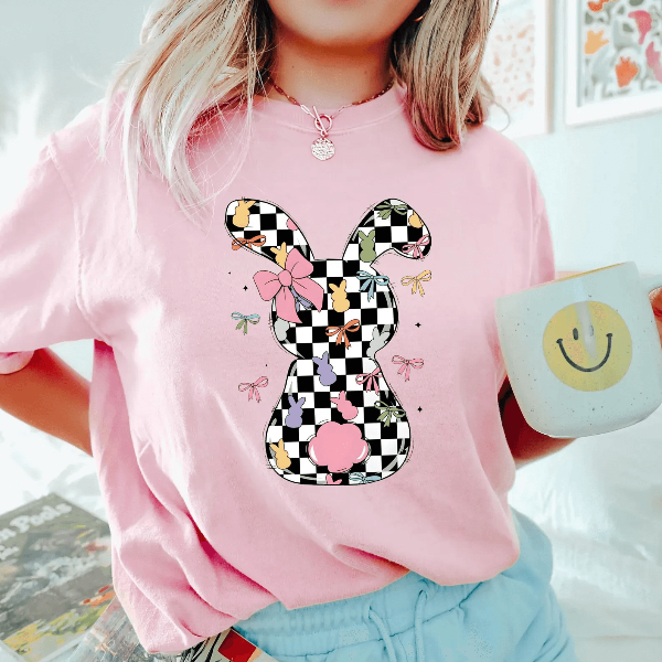 Checkered Easter Bunny Shirt – Coquette Preppy Spring Comfort Colors Tee for Women & Teens