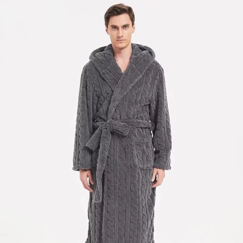 Men's Hooded Thickened Velvet Jacquard Warm Homewear Robe