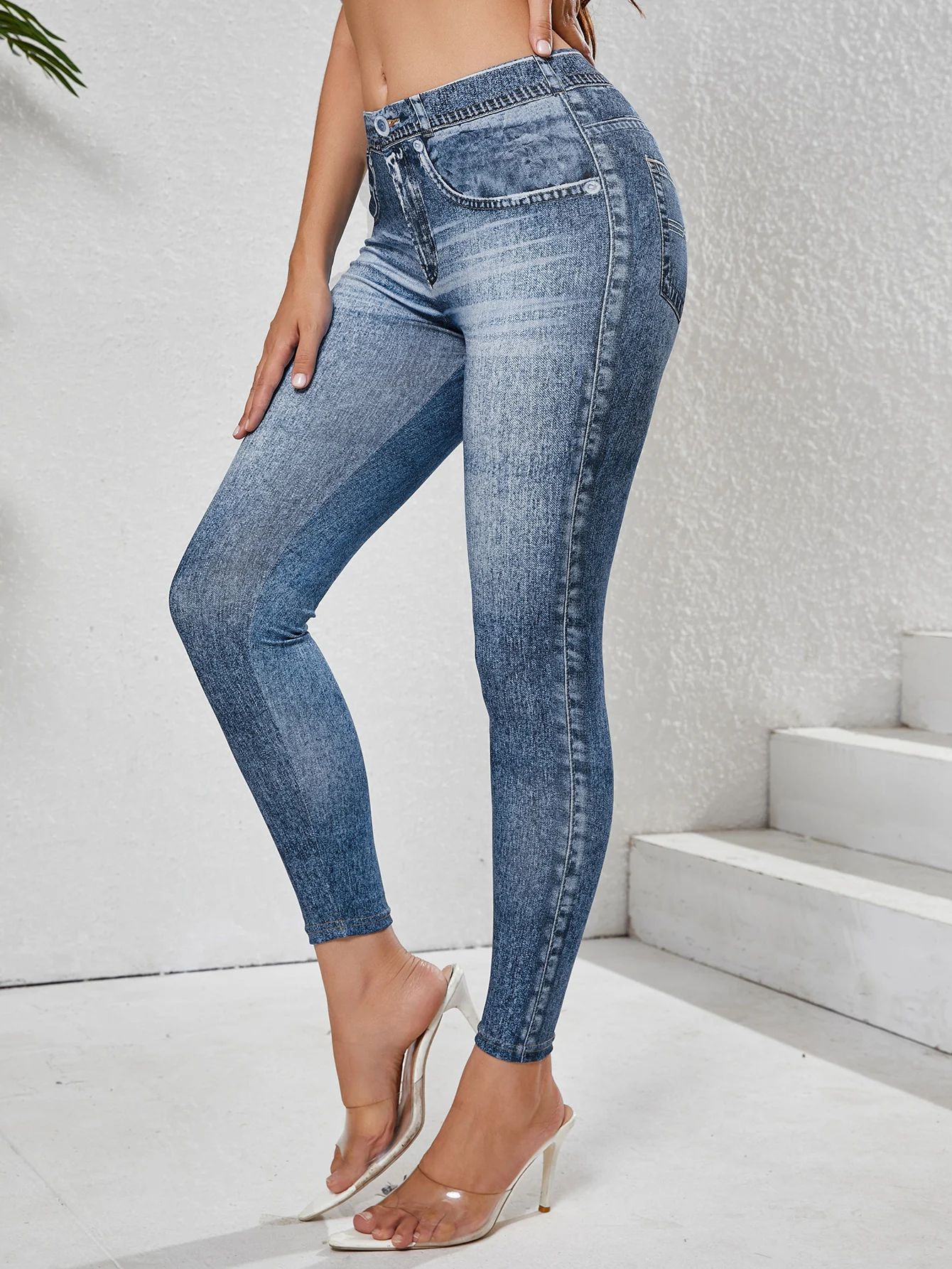 Denim Look High Waist Tummy Control Leggings with Pockets