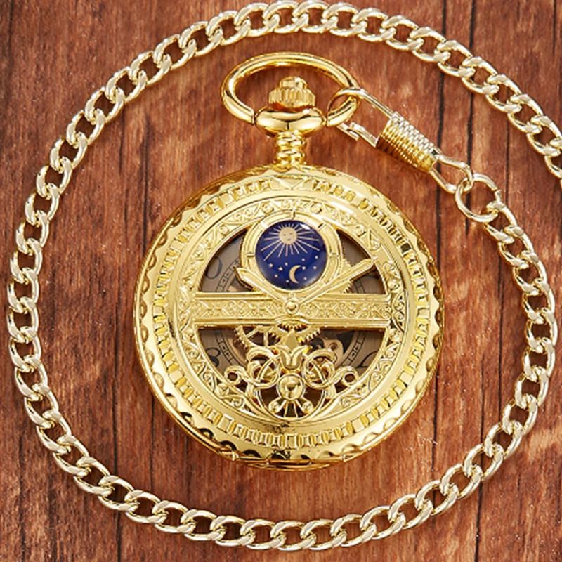 Mechanical Pocket Watch Star and Moon Phase Skeleton Design