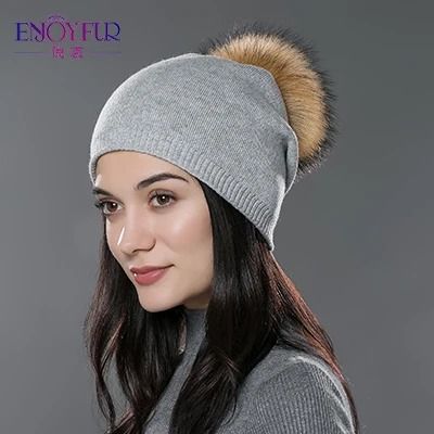 Wool Knit Beanie with Real Fur Pom Pom