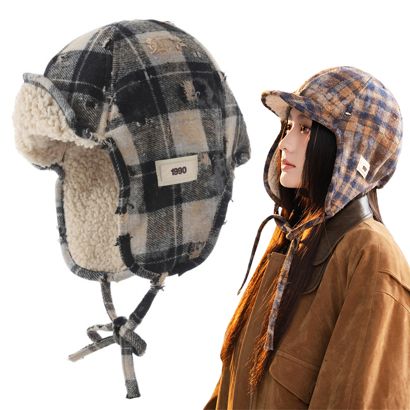 Plaid Unisex Ski Caps Thickened Warm Pilot Hat Windproof Bomber Hat