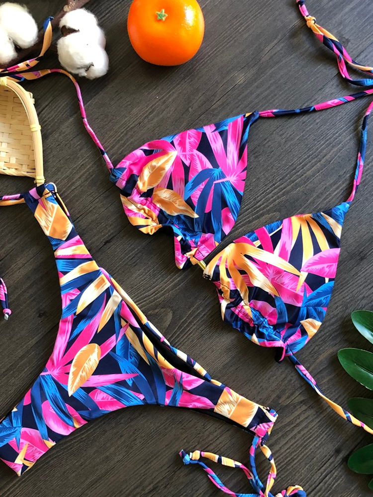 Brazilian Biquinis New Swimsuit Women Feather Print Bandage Swimwear
